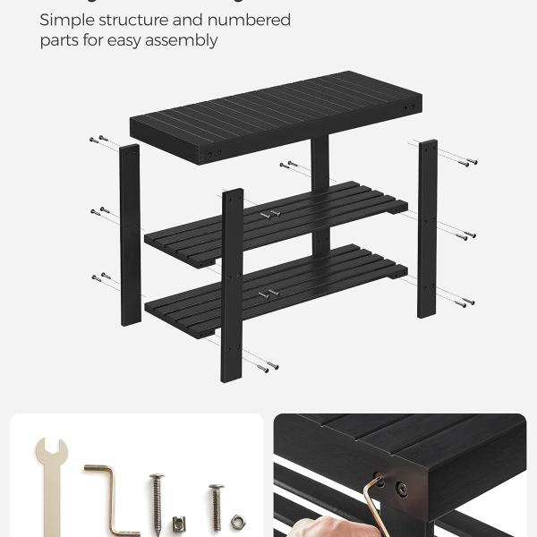 SONGMICS Shoe Rack Bench, 3-Tier Bamboo Shoe Storage Organizer, Entryway Bench