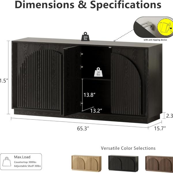 WIN2WIN 65" Fluted Sideboard Buffet Cabinet with Storage