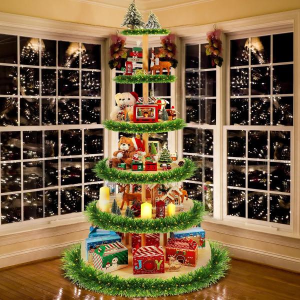 6 Tier 72 Inch Christmas Tree Village Stand Christmas Bookshelf Display Supply Large Xmas Ornament Displays Tree Stands Xmas Wooden Display Trees Stand for Holiday Displays(Circle)