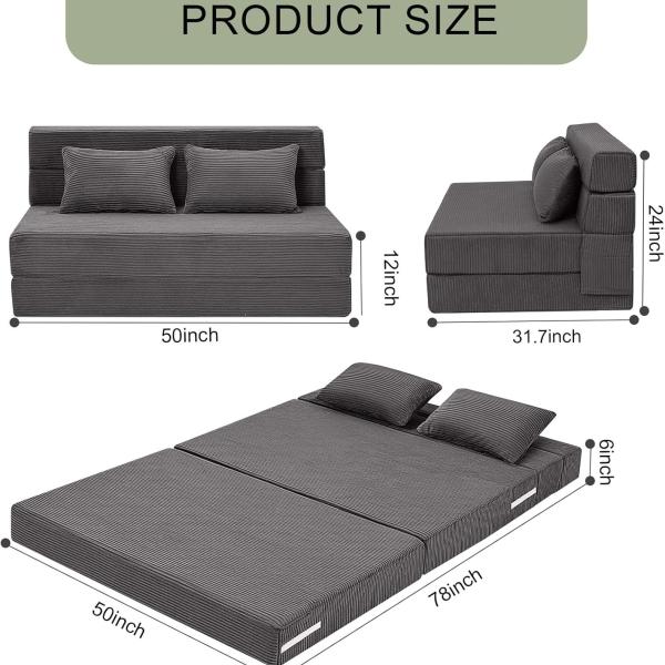 eMoreCool Boneless Folding Sofa Bed Full, Corduroy Convertible Sleeper Chair