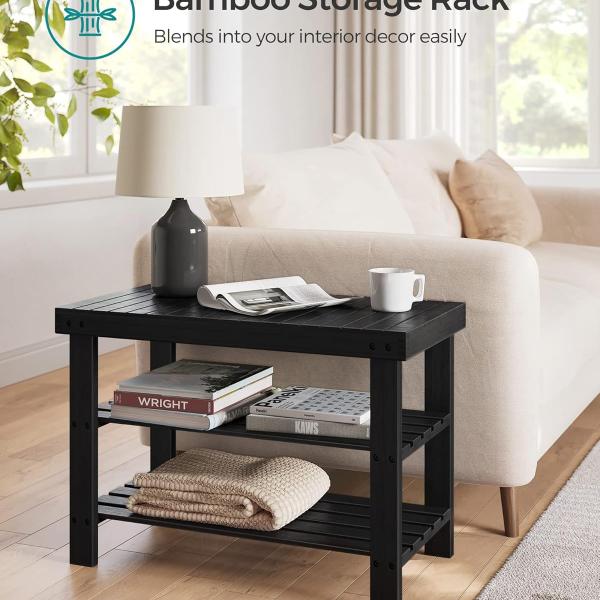 SONGMICS Shoe Rack Bench, 3-Tier Bamboo Shoe Storage Organizer, Entryway Bench