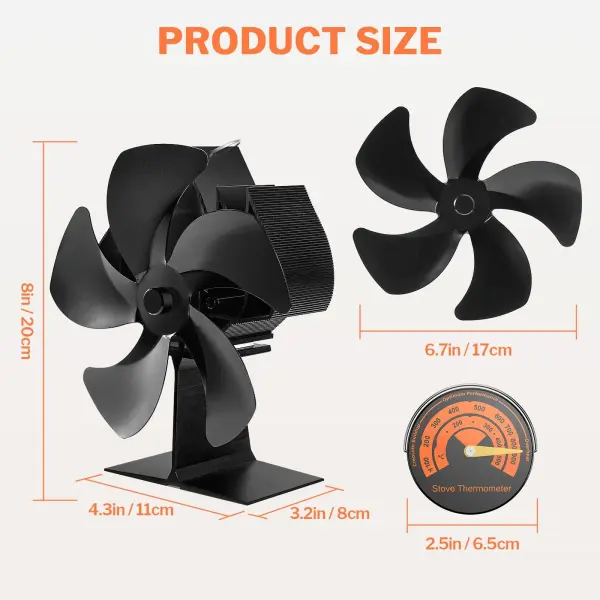 2 PCS Ventilateurs de Cheminée, 5 Lames Ventilateur de Poêle, 7 Pouces Brûleur à Bûches Ventilateur Feu Alimenté par Chaleur